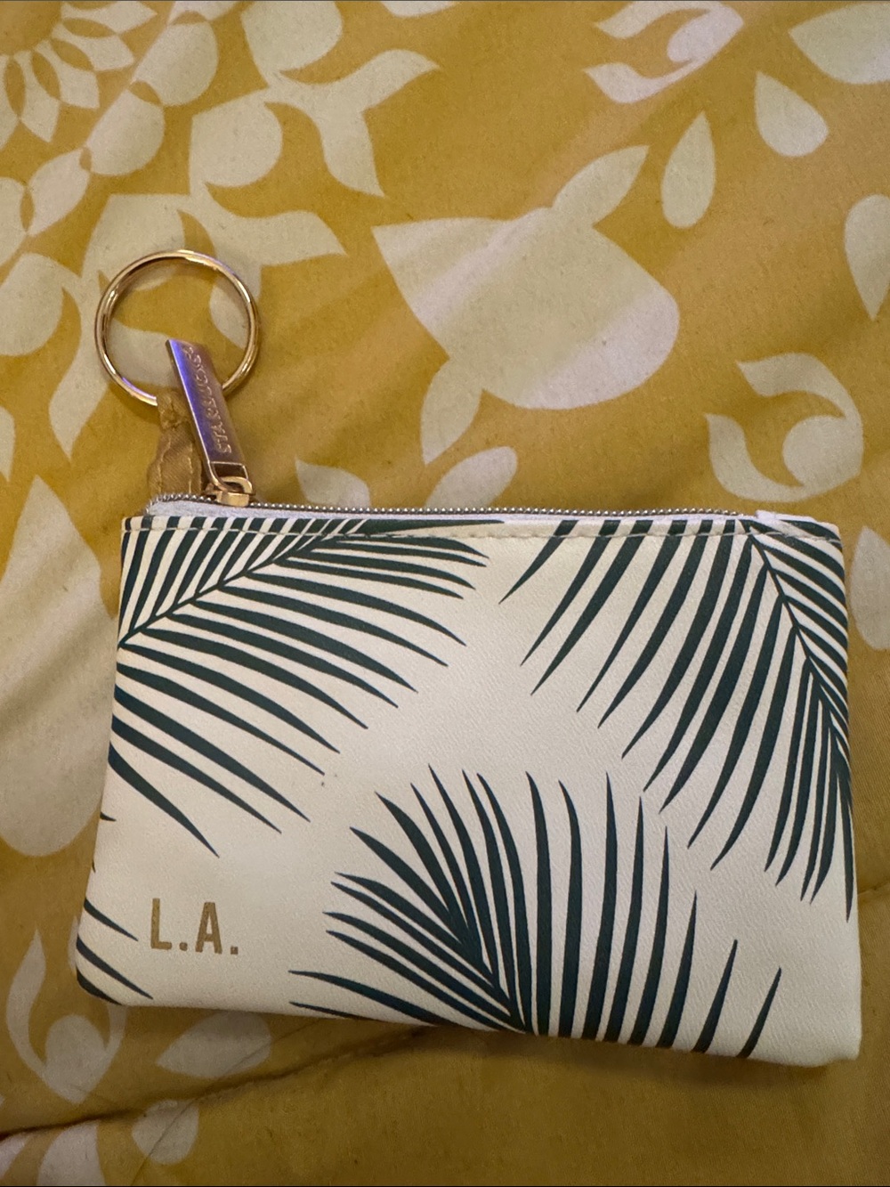 Starbucks LA. Palm Print Zip Pouch in White and Dark Green